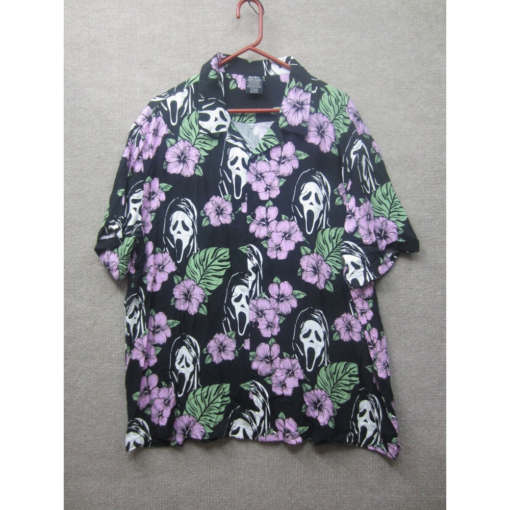 Ghost Face Bioworld Mens 2XL Black Floral Hibiscus Horror Button Down Shirt